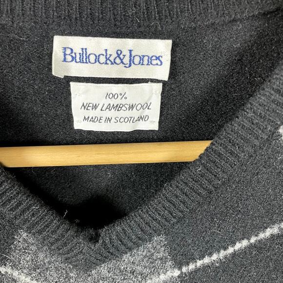 BULLOCK & JONES Men's 100% Scottish Lambswool Black Argyle Sweater XL Preppy - Picture 2 of 8